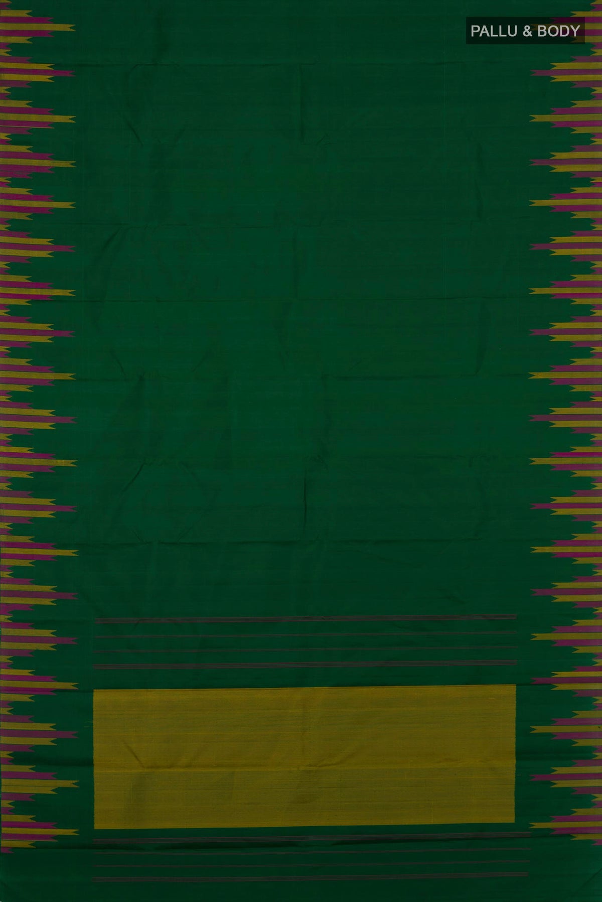 Flat view of Pure Silk Green Kanjivaram Saree with Plain Body and Temple Border. 