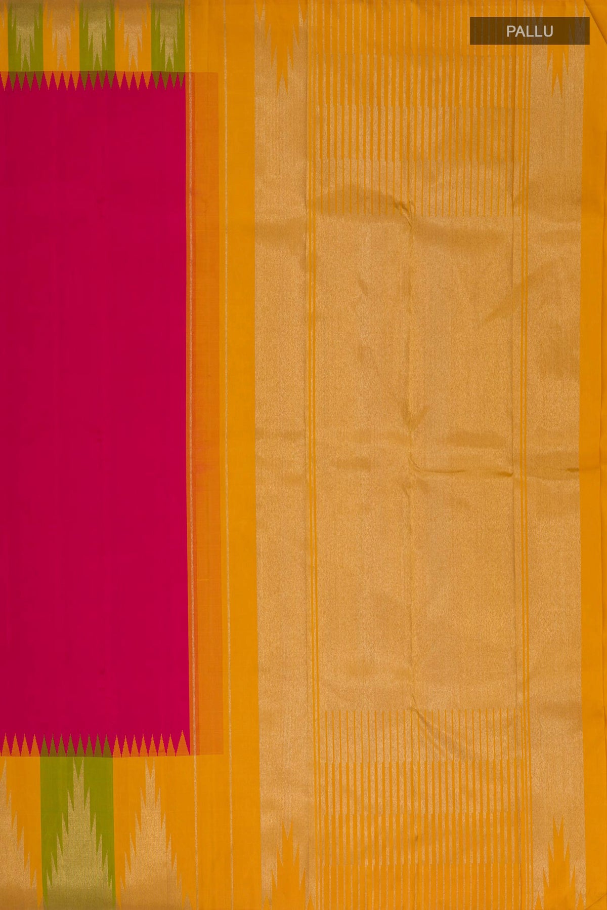 Close up image of the pallu of Pure Silk Pure Zari Pink Kanjivaram Saree with Plain Body and Temple Border. 