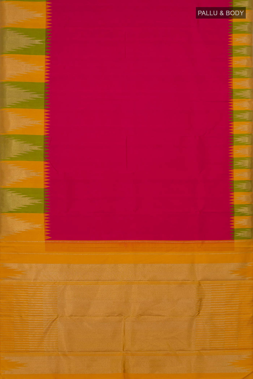 Flat view of Pure Silk Pure Zari Pink Kanjivaram Saree with Plain Body and Temple Border. 