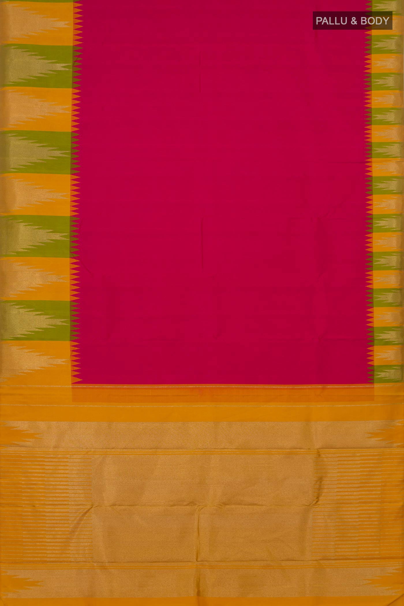 Flat view of Pure Silk Pure Zari Pink Kanjivaram Saree with Plain Body and Temple Border. 
