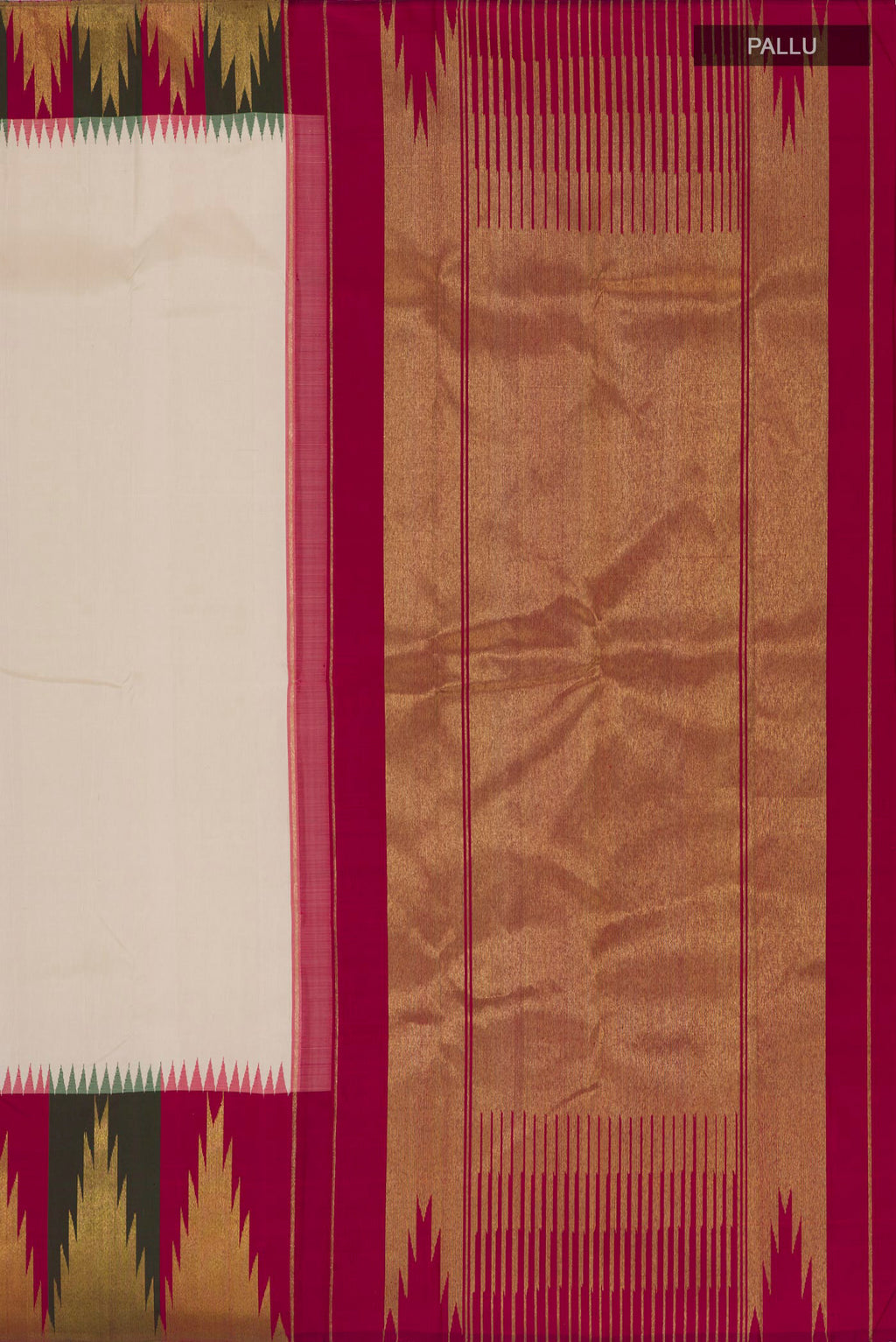 Close up image of the pallu of Pure Silk Pure Zari Cream Kanjivaram Saree with Plain Body and Temple Border. 