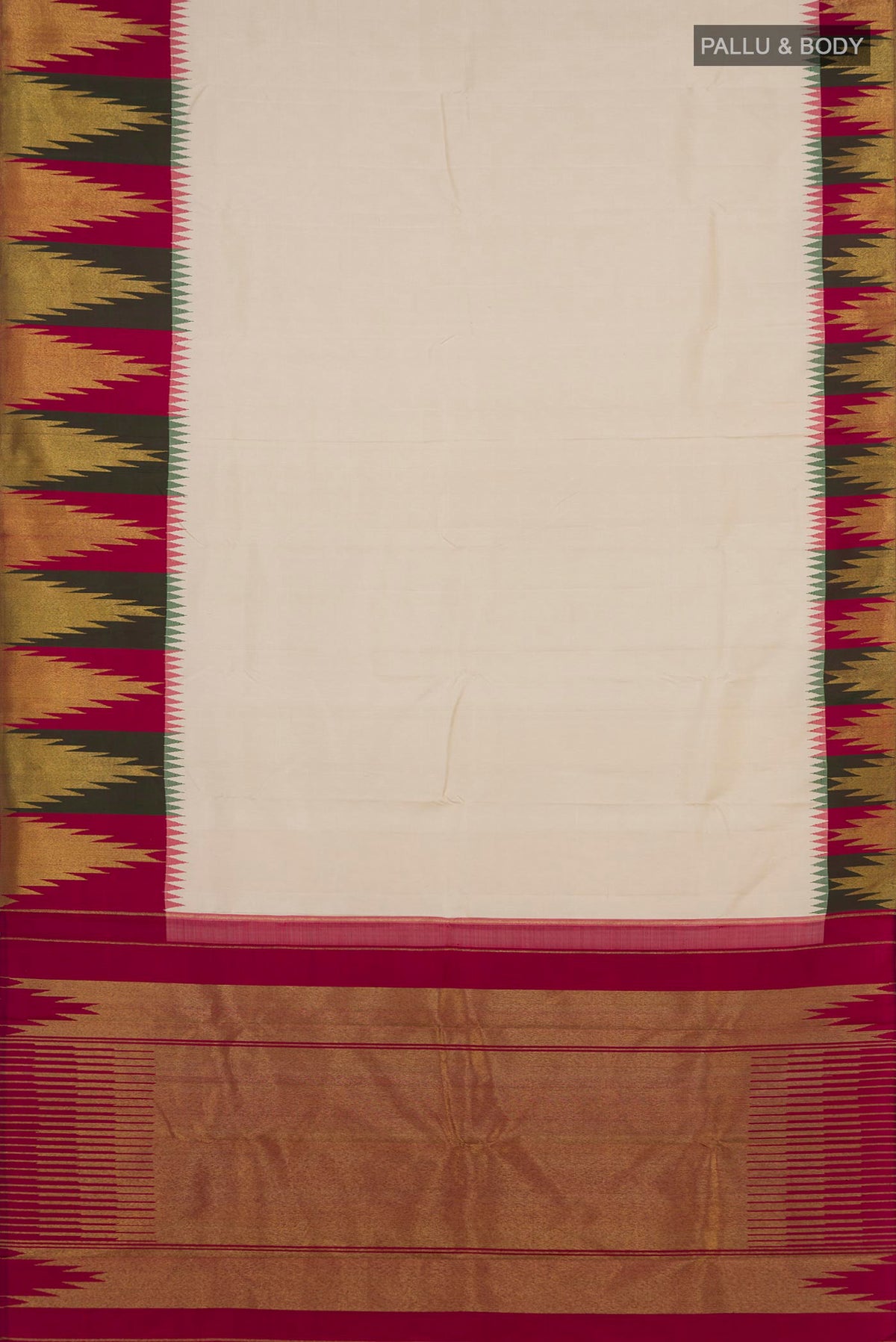 Flat view of Pure Silk Pure Zari Cream Kanjivaram Saree with Plain Body and Temple Border. 
