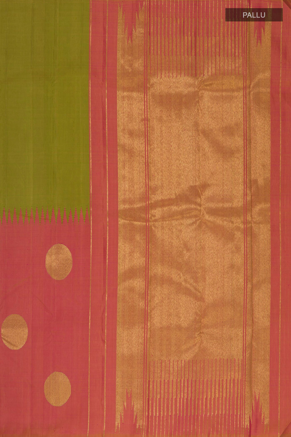 Close up image of the pallu of Pure Silk Pure Zari Multi Color Kanjivaram Saree with Fancy on the body and Without Border. 
