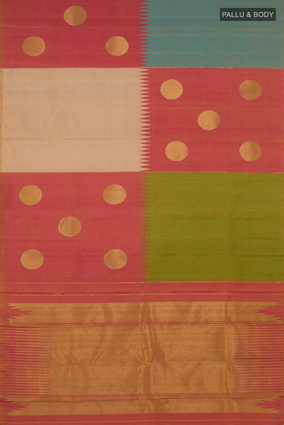 Flat view of Pure Silk Pure Zari Multi Color Kanjivaram Saree with Fancy on the body and Without Border. 