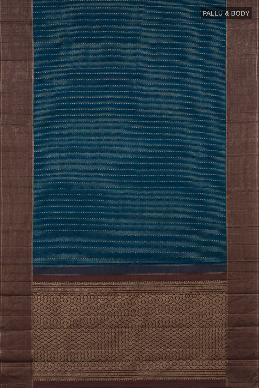 Flat view of Pure Silk Blue Kanchipuram Saree with Stripes on the body and Zari Border. 
