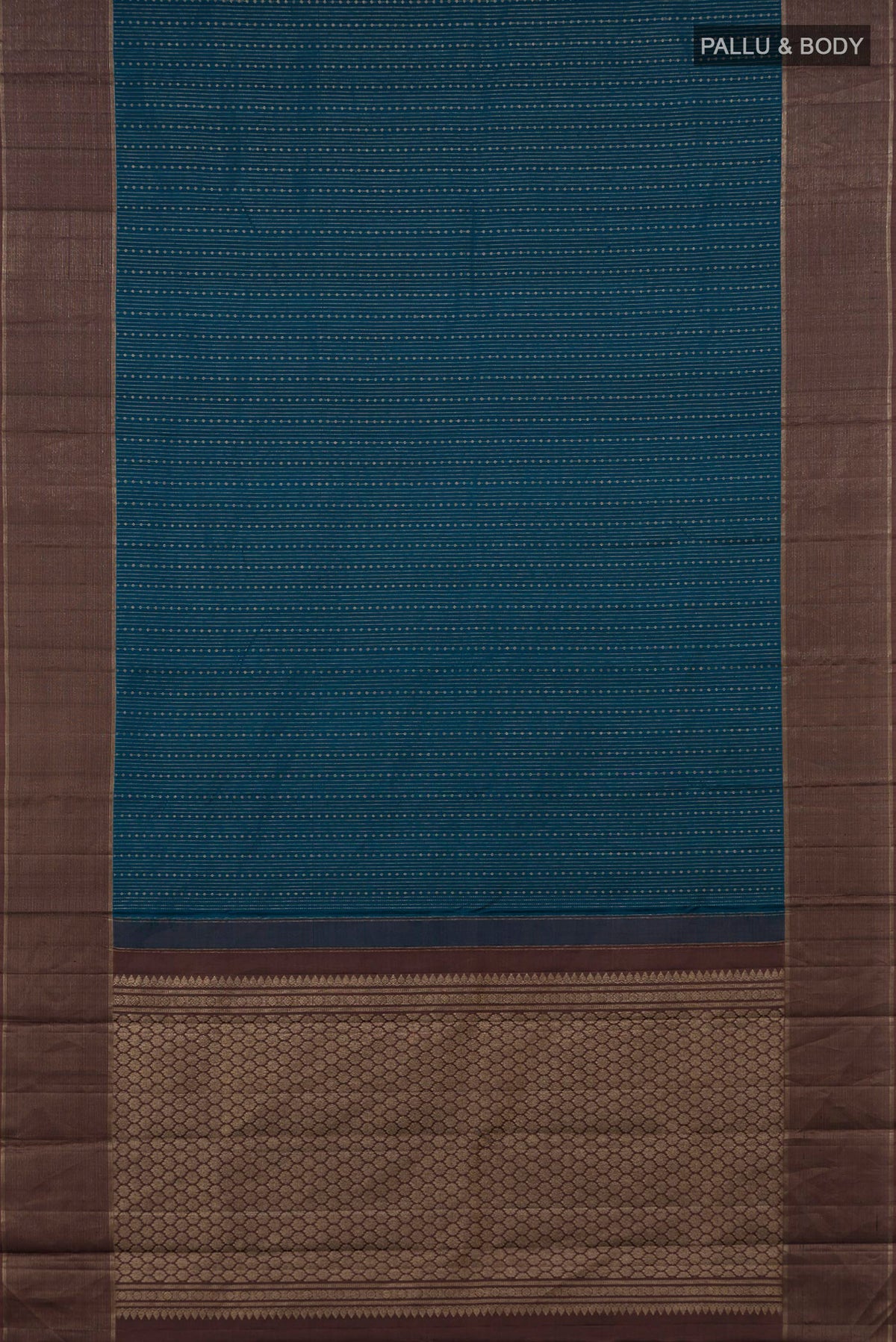Flat view of Pure Silk Blue Kanchipuram Saree with Stripes on the body and Zari Border. 