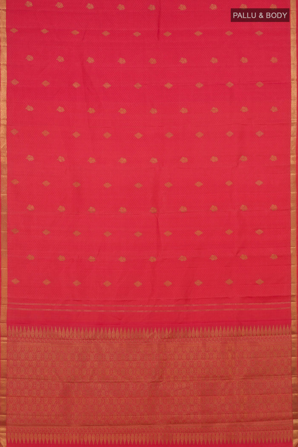 Flat view of Pure Silk Coral Kanjivaram Saree with Jacquard With Zari Butta on the body and Zari Border. 