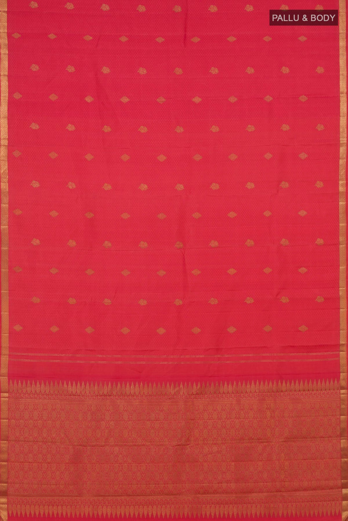 Flat view of Pure Silk Coral Kanjivaram Saree with Jacquard With Zari Butta on the body and Zari Border. 