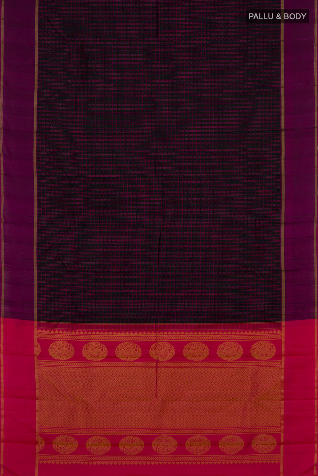 Flat view of Pure Silk Black Kanchipuram Saree with Checked design on the body and Thin Zari Line. 