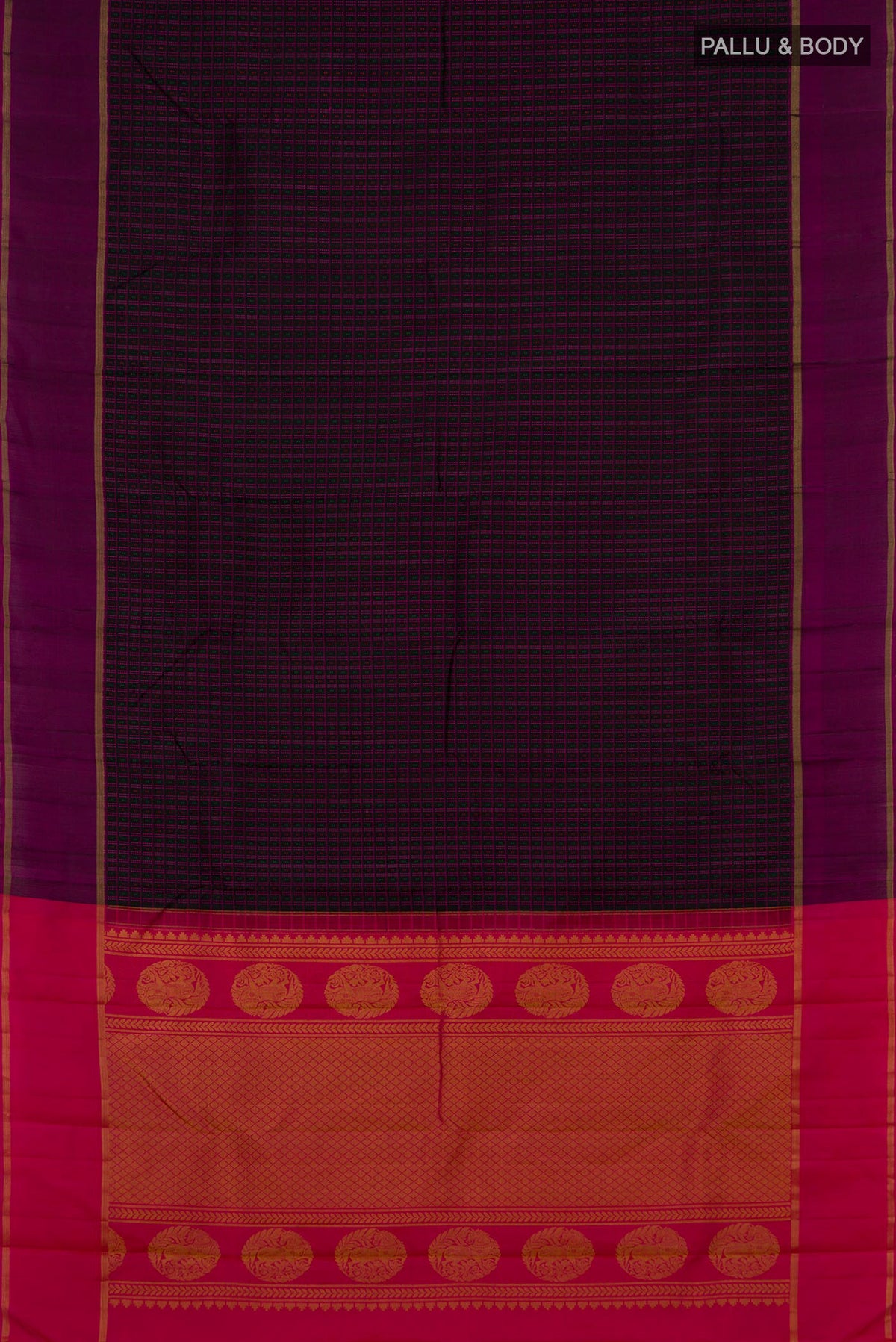 Flat view of Pure Silk Black Kanchipuram Saree with Checked design on the body and Thin Zari Line. 