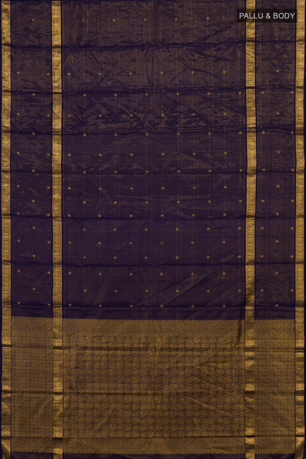 Flat view of Pure Silk Navy Blue Kanchipuram Saree with Stripes on the body and Fancy Border. 