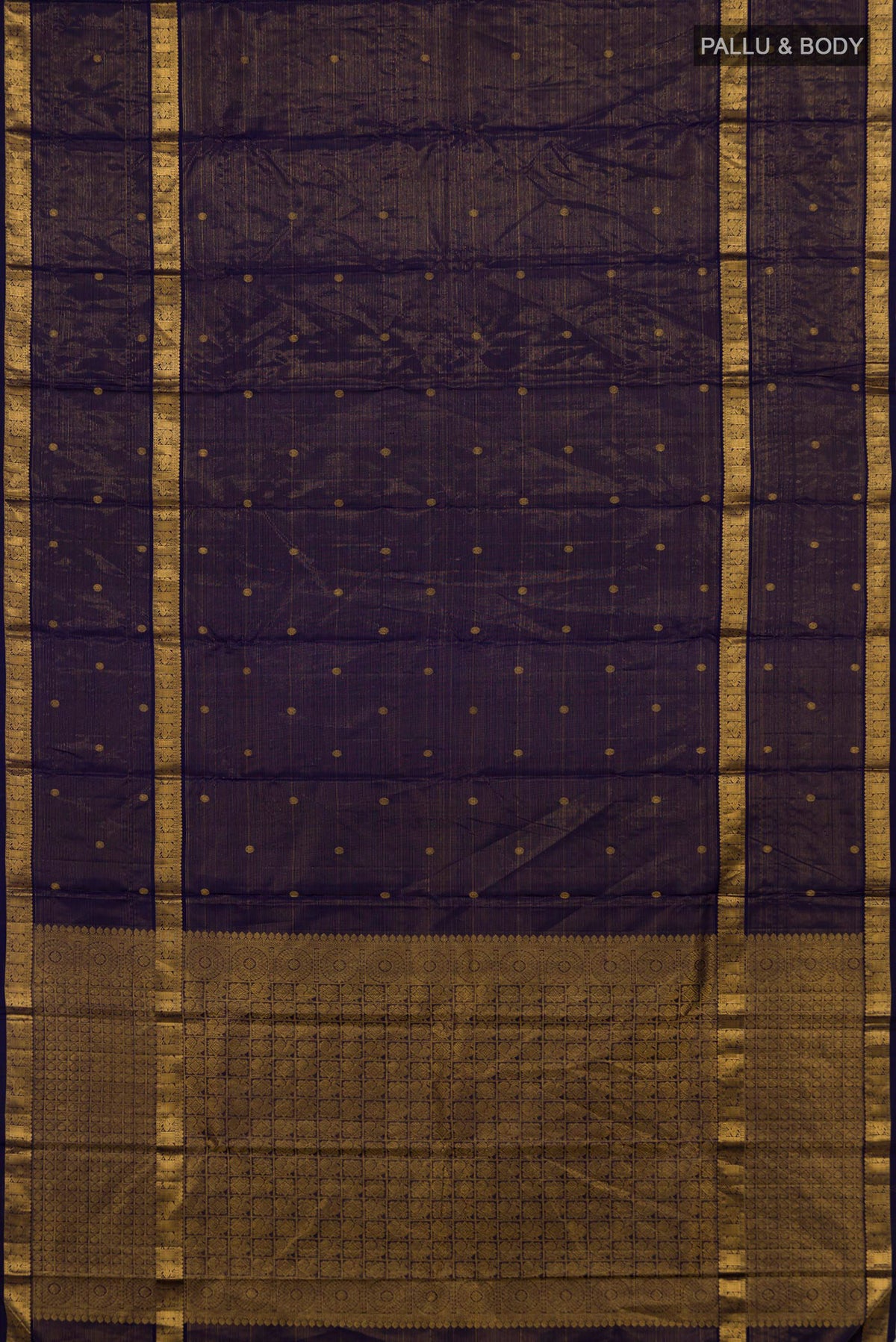 Flat view of Pure Silk Navy Blue Kanchipuram Saree with Stripes on the body and Fancy Border. 