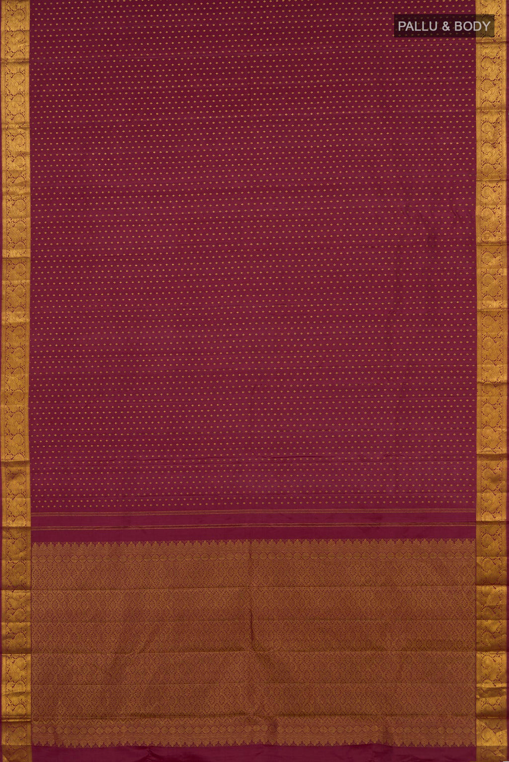 Flat view of Pure Silk Mauve Kanjivaram Saree with Zari Butta on the body and Zari Border. 