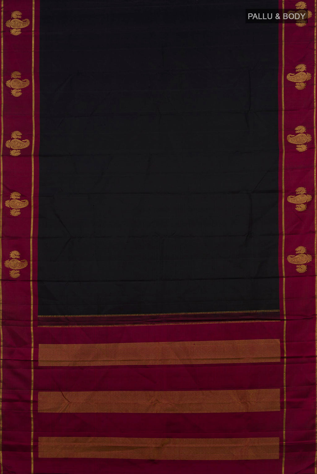 Flat view of Pure Silk Black Kanchipuram Saree with Plain Body and Fancy Border. 