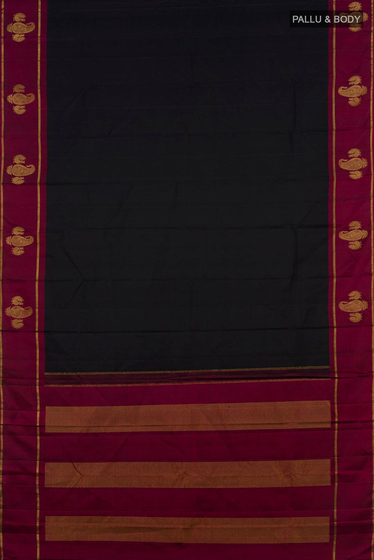 Flat view of Pure Silk Black Kanchipuram Saree with Plain Body and Fancy Border. 