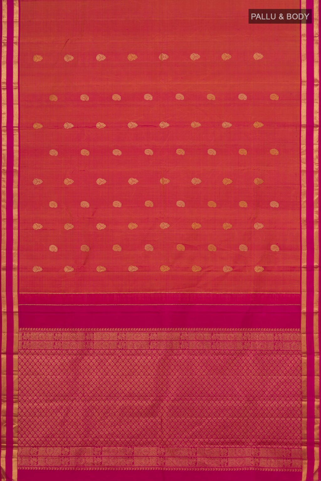 Flat view of Pink Dual Tone Kanchipuram Silk Saree with Zari Butta on the body and Zari Border. 