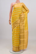 Yellow Kanjivaram Silk Saree with Stripes on the body and Zari Border.  displayed on a mannequin