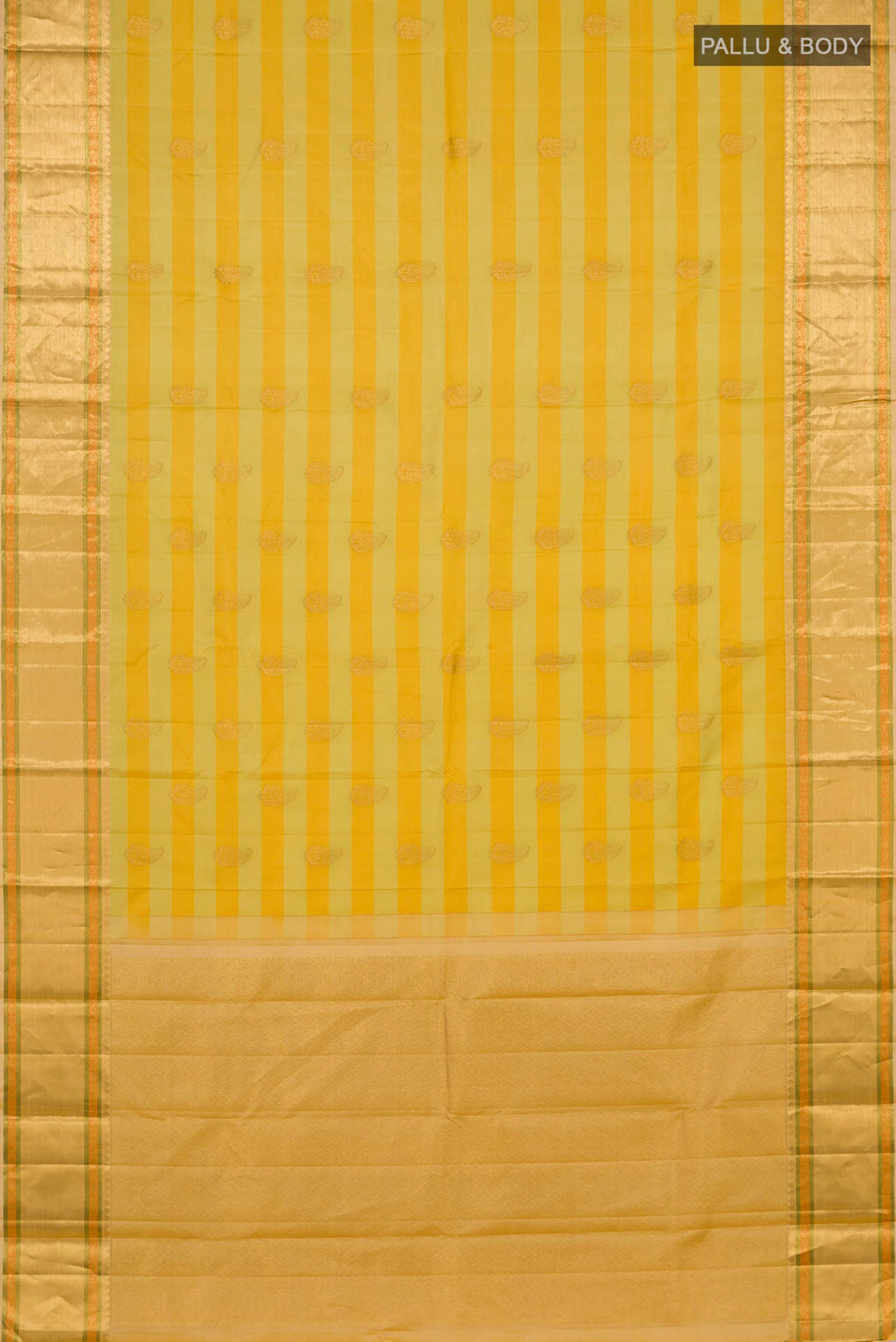Flat view of Yellow Kanjivaram Silk Saree with Stripes on the body and Zari Border. 