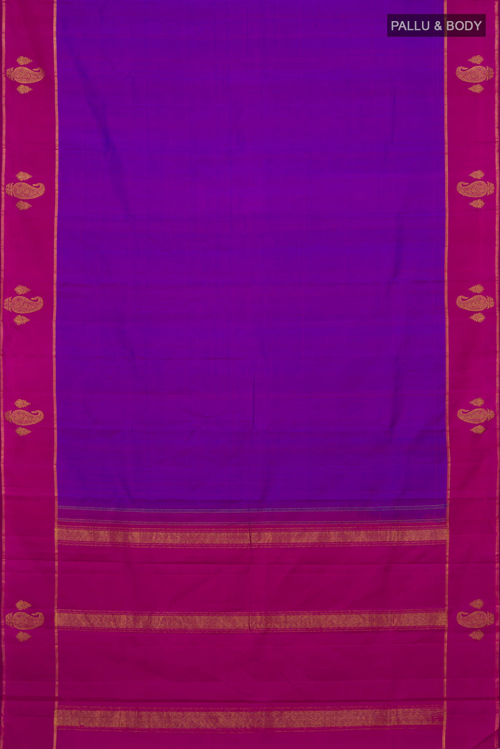 Flat view of Purple Kanchipuram Silk Saree with Plain Body and Plain Border. 
