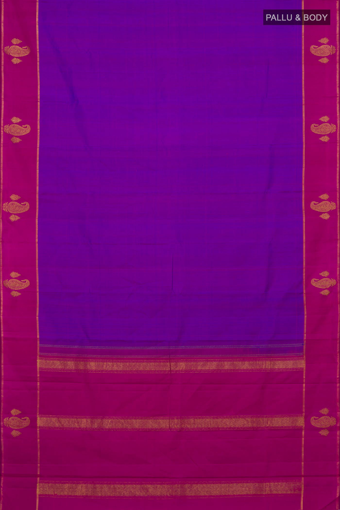 Flat view of Purple Kanchipuram Silk Saree with Plain Body and Plain Border. 