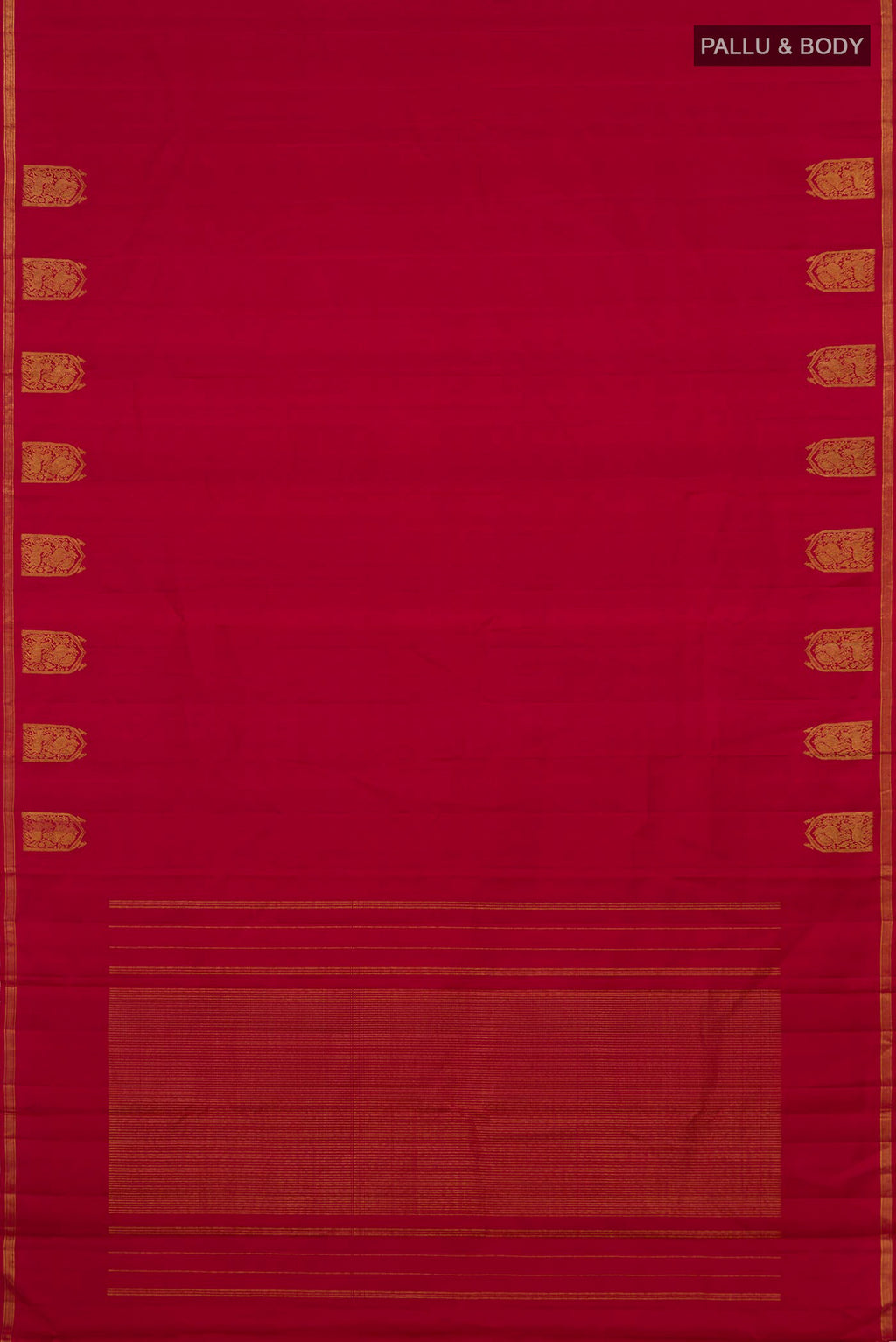 Flat view of Maroon Kanchipuram Silk Saree with Plain Body and Zari Border. 
