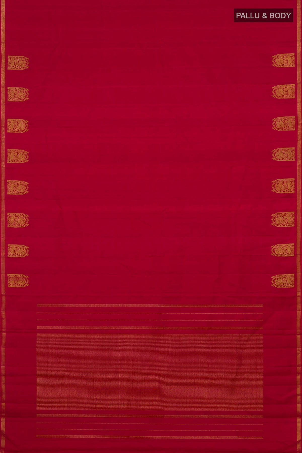 Flat view of Maroon Kanchipuram Silk Saree with Plain Body and Zari Border. 