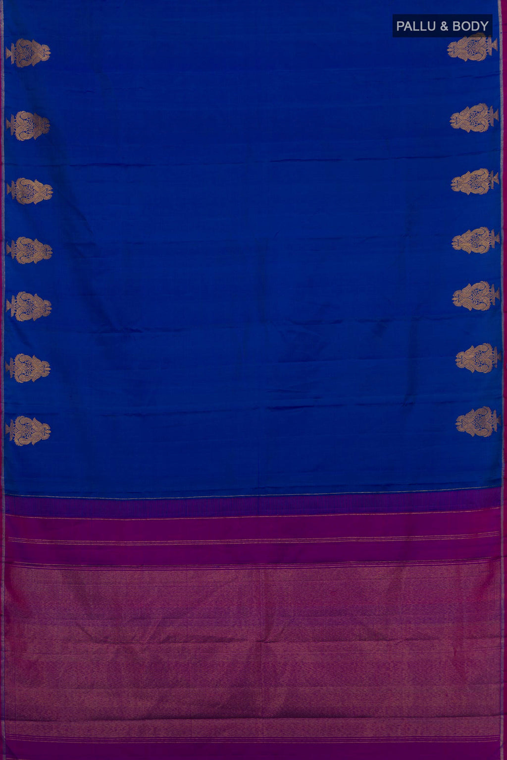 Flat view of Pure Silk Royal Blue Kanchipuram Saree with Plain Body and Thin Zari Line. 