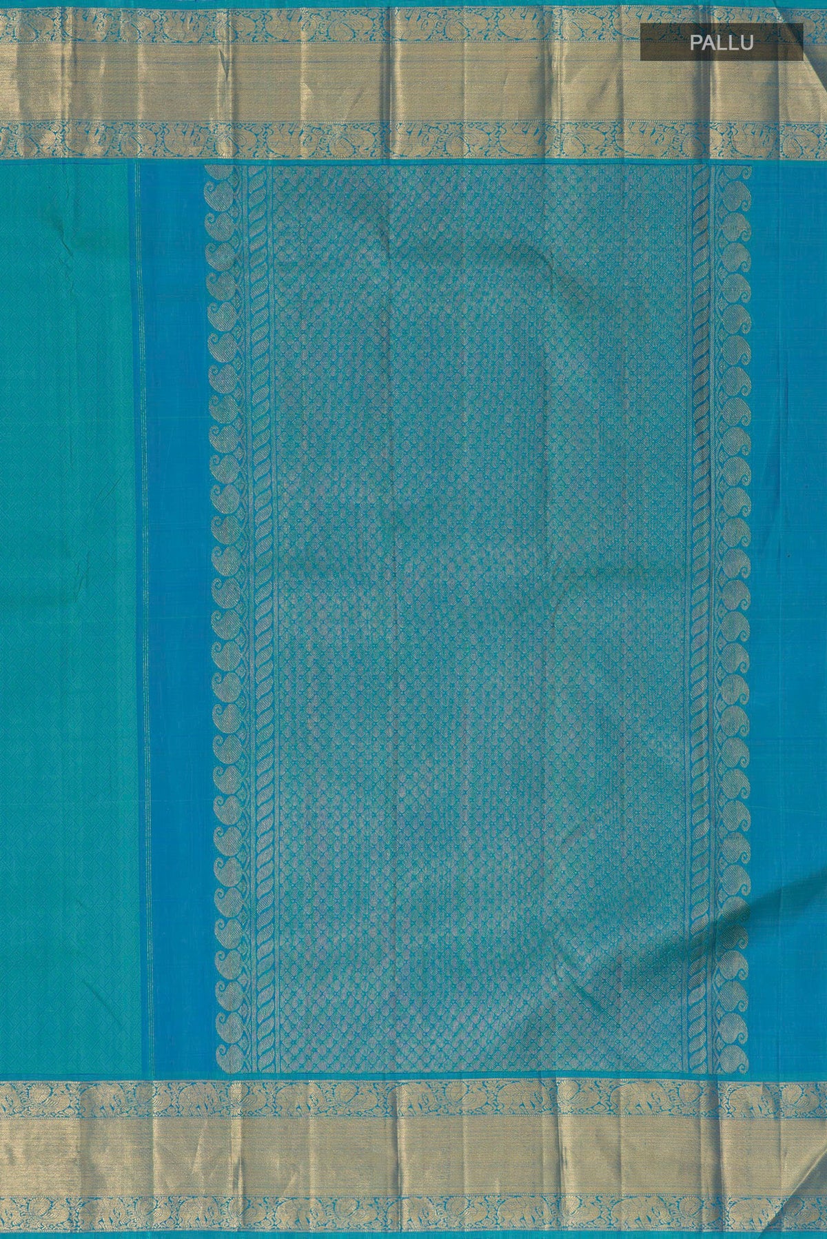Close up image of the pallu of Pure Silk Turquoise Kanjivaram Saree with Jacquard design on the body and Zari Border. 