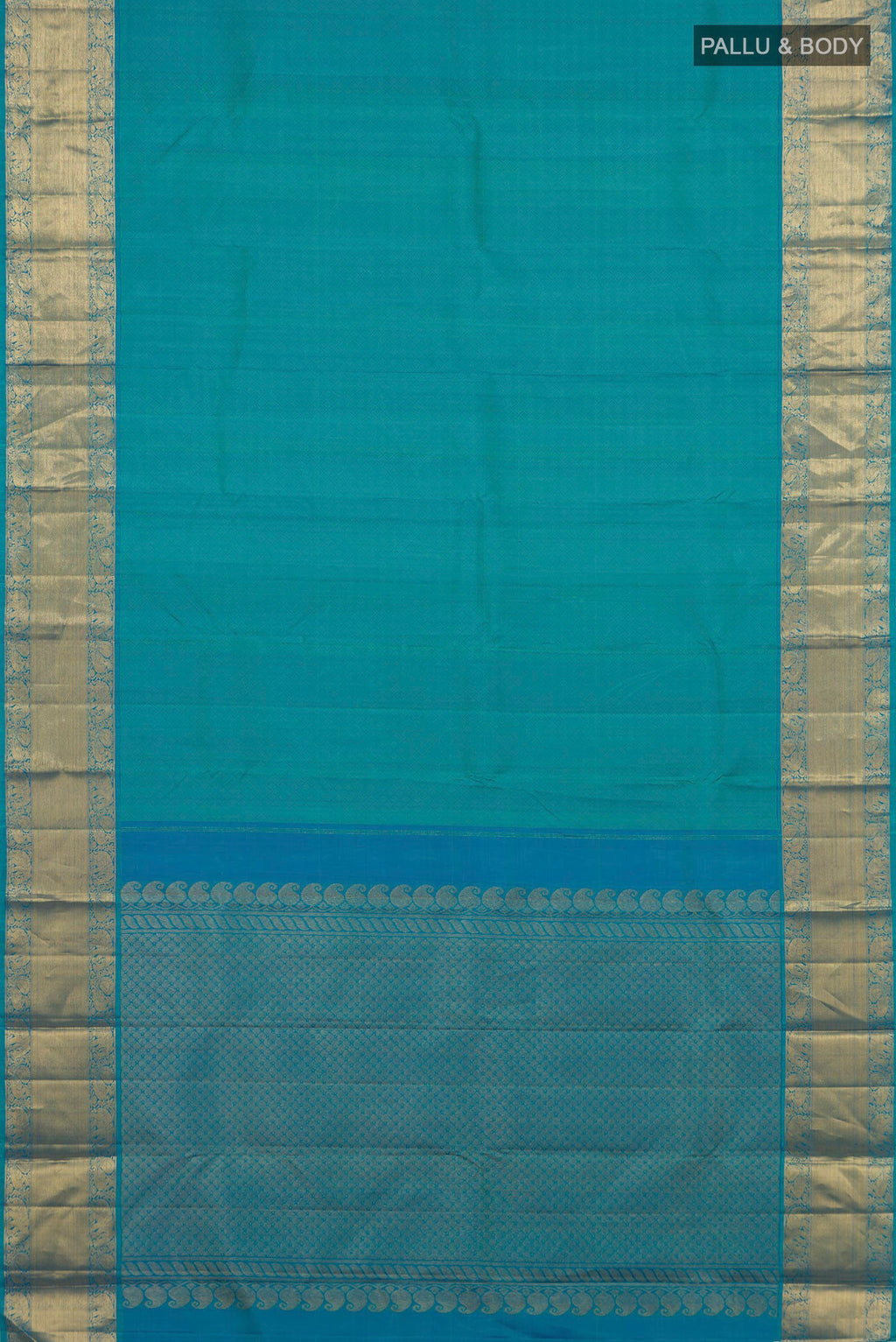 Flat view of Pure Silk Turquoise Kanjivaram Saree with Jacquard design on the body and Zari Border. 