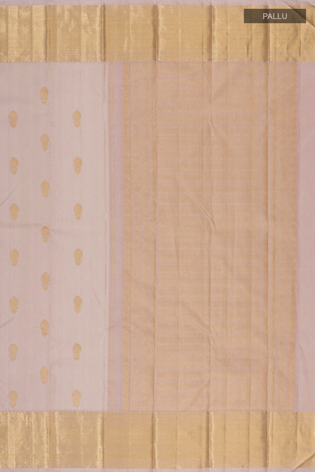 Close up image of the pallu of Pure Silk Beige Kanjivaram Saree with Jacquard With Zari Butta on the body and Zari Border. 