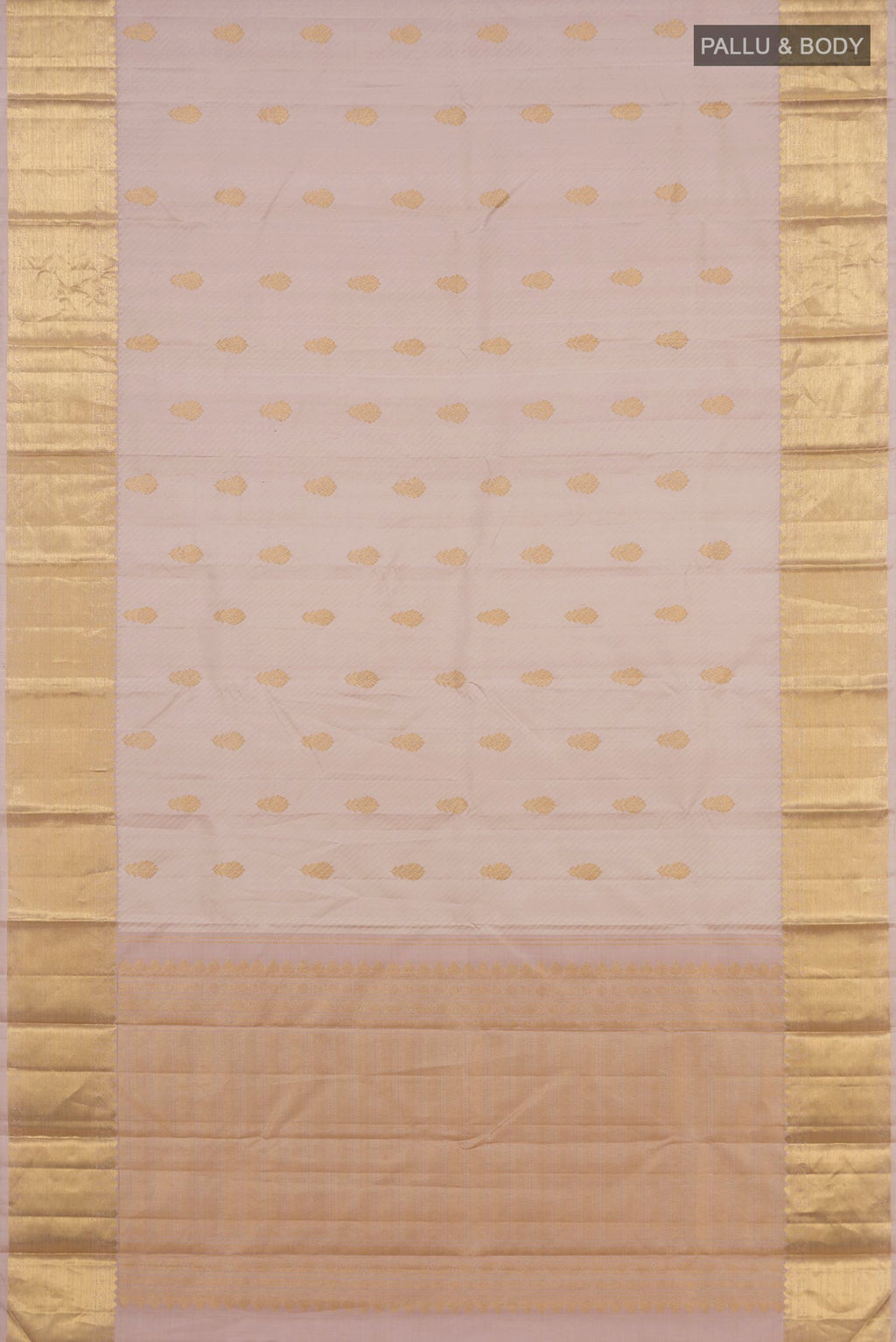 Flat view of Pure Silk Beige Kanjivaram Saree with Jacquard With Zari Butta on the body and Zari Border. 