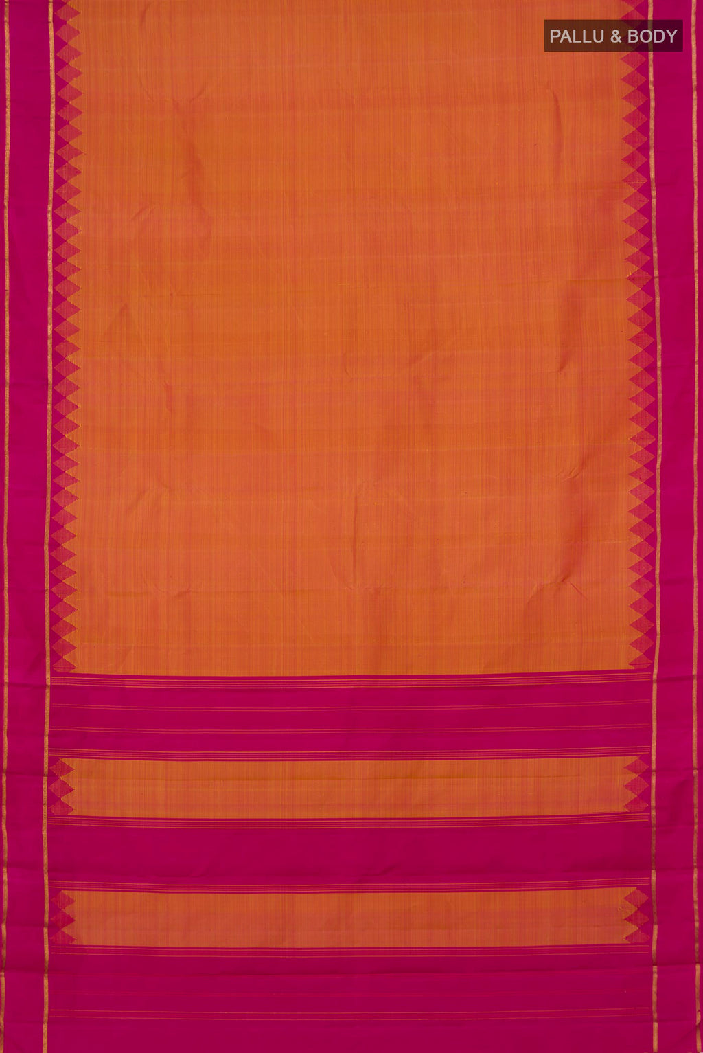 Flat view of Pure Silk Pure Zari Pinkish Yellow Dual Tone Kanjivaram Saree with Plain Body and Thin Zari Line. 