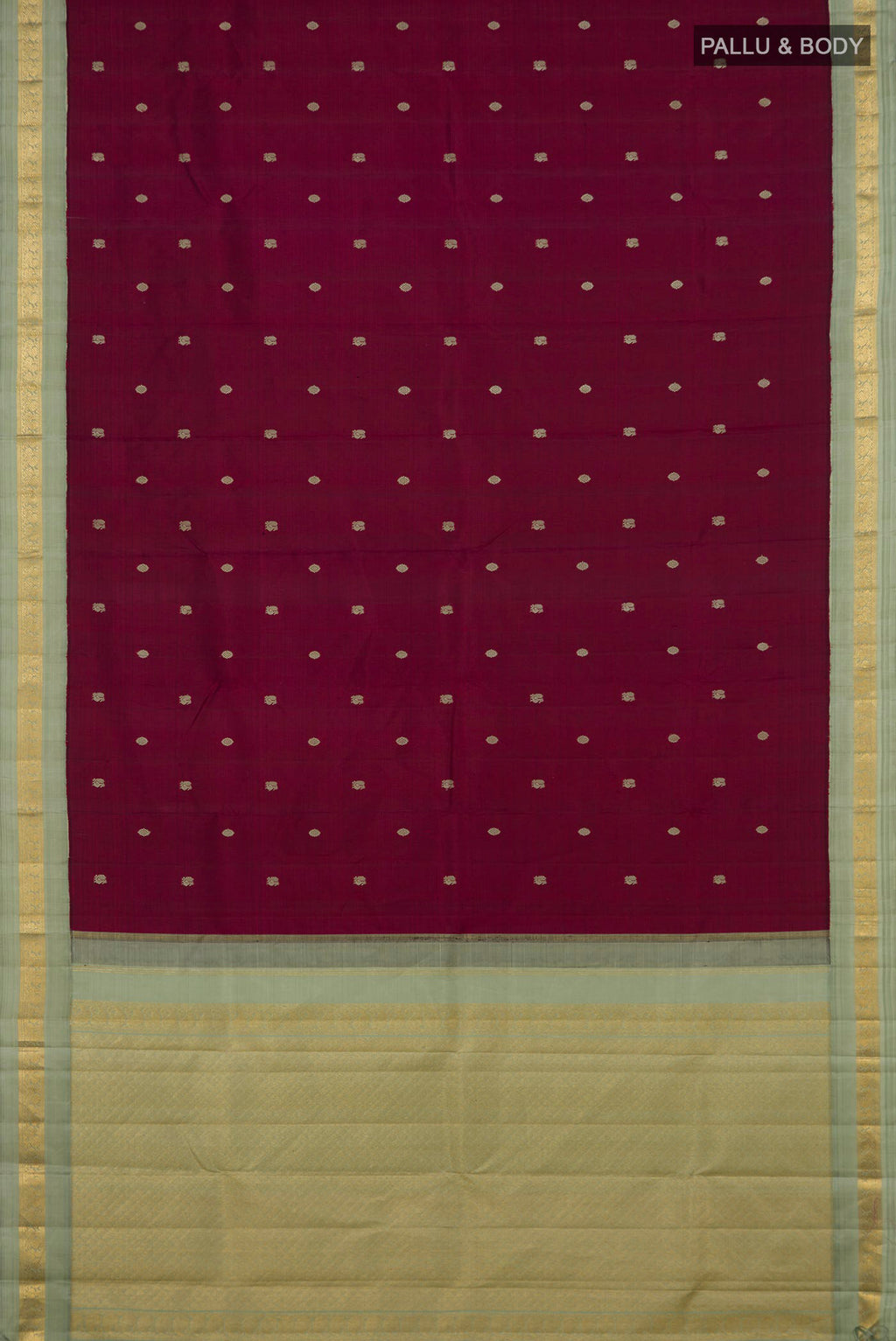 Flat view of Pure Silk Maroon Kanjivaram Saree with Thread Butta on the body and Zari Border. 