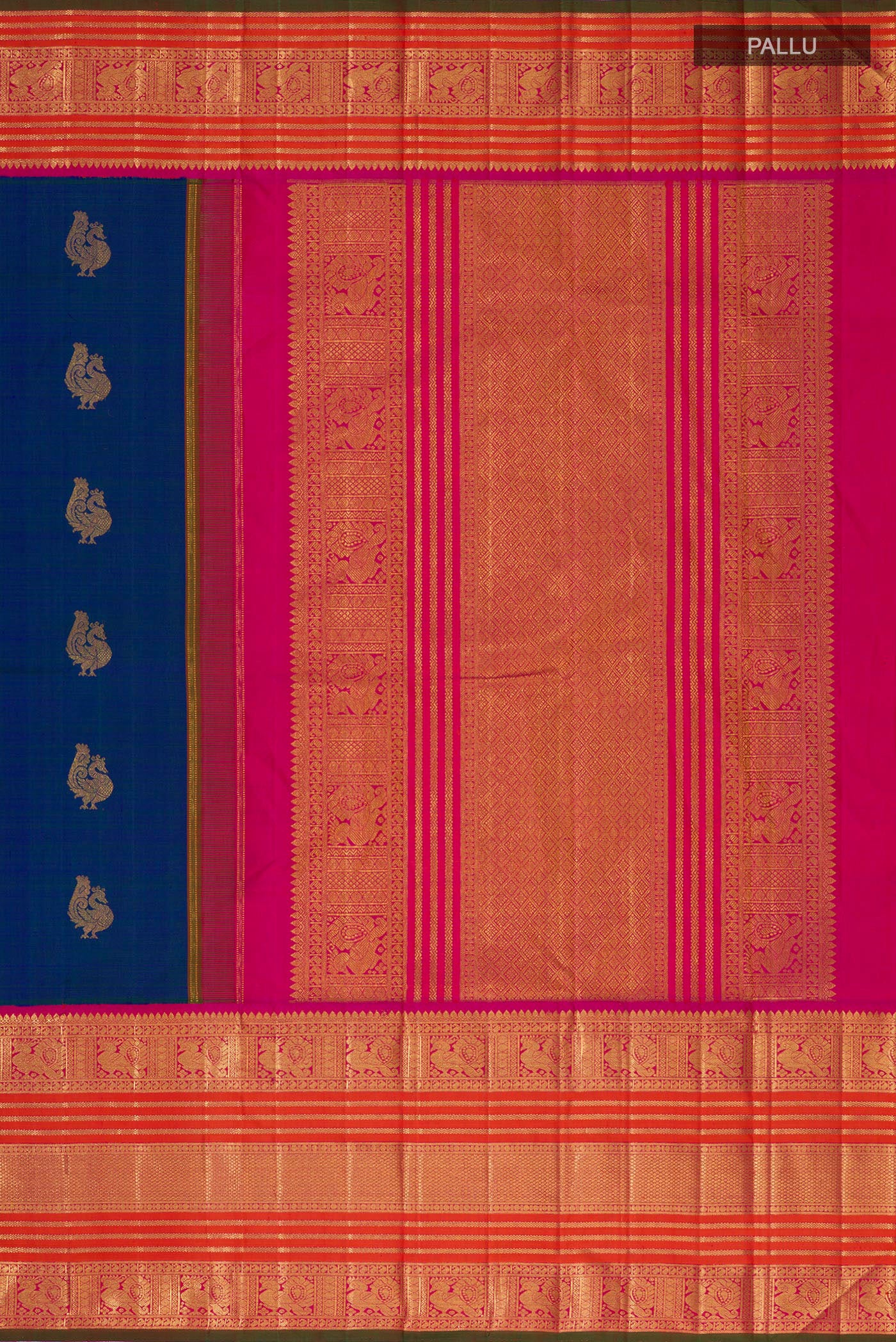 Close up image of the pallu of Pure Silk Pure Zari Peacock Blue Kanchipuram Saree with Zari Butta on the body and Zari Border. 