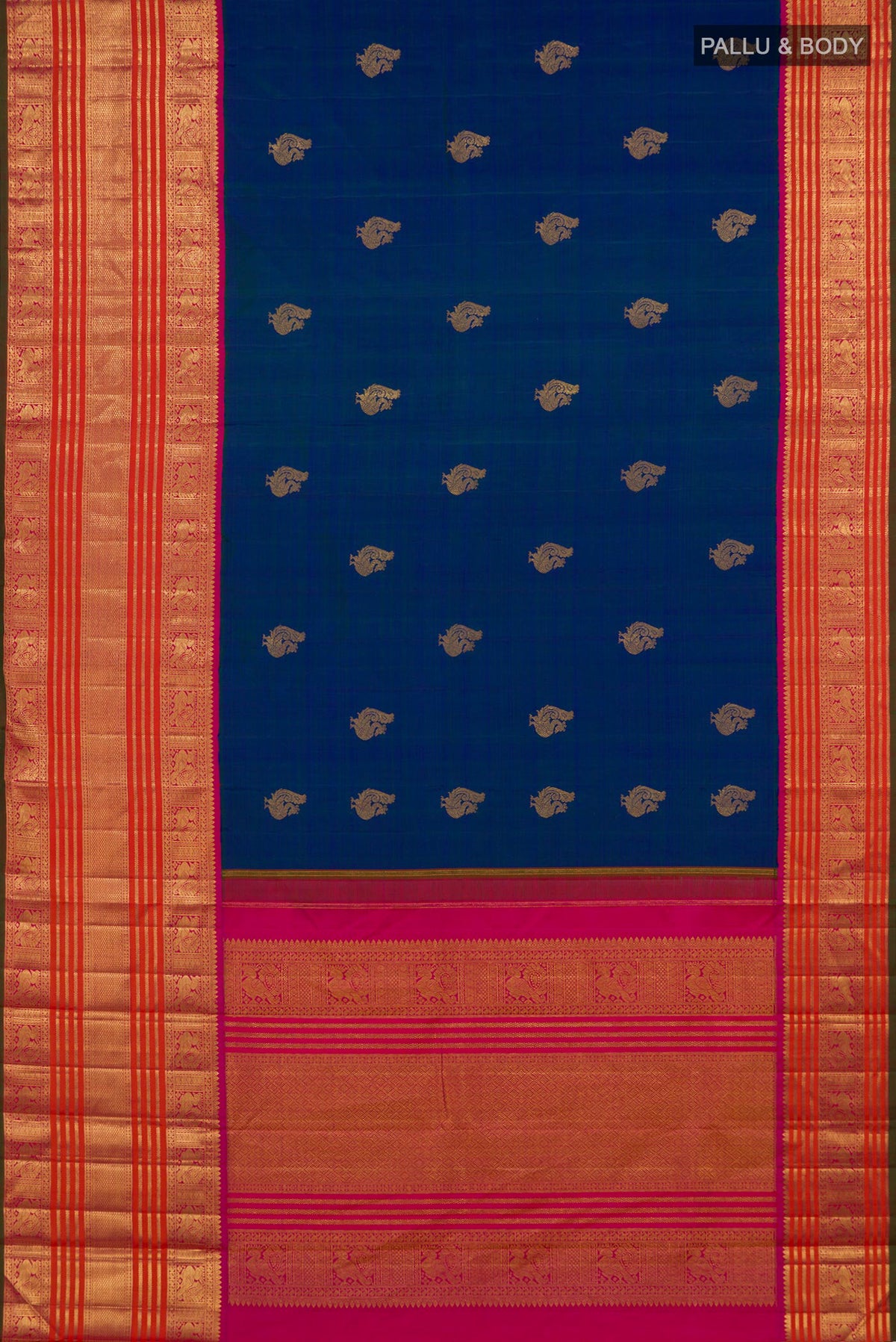 Flat view of Pure Silk Pure Zari Peacock Blue Kanchipuram Saree with Zari Butta on the body and Zari Border. 