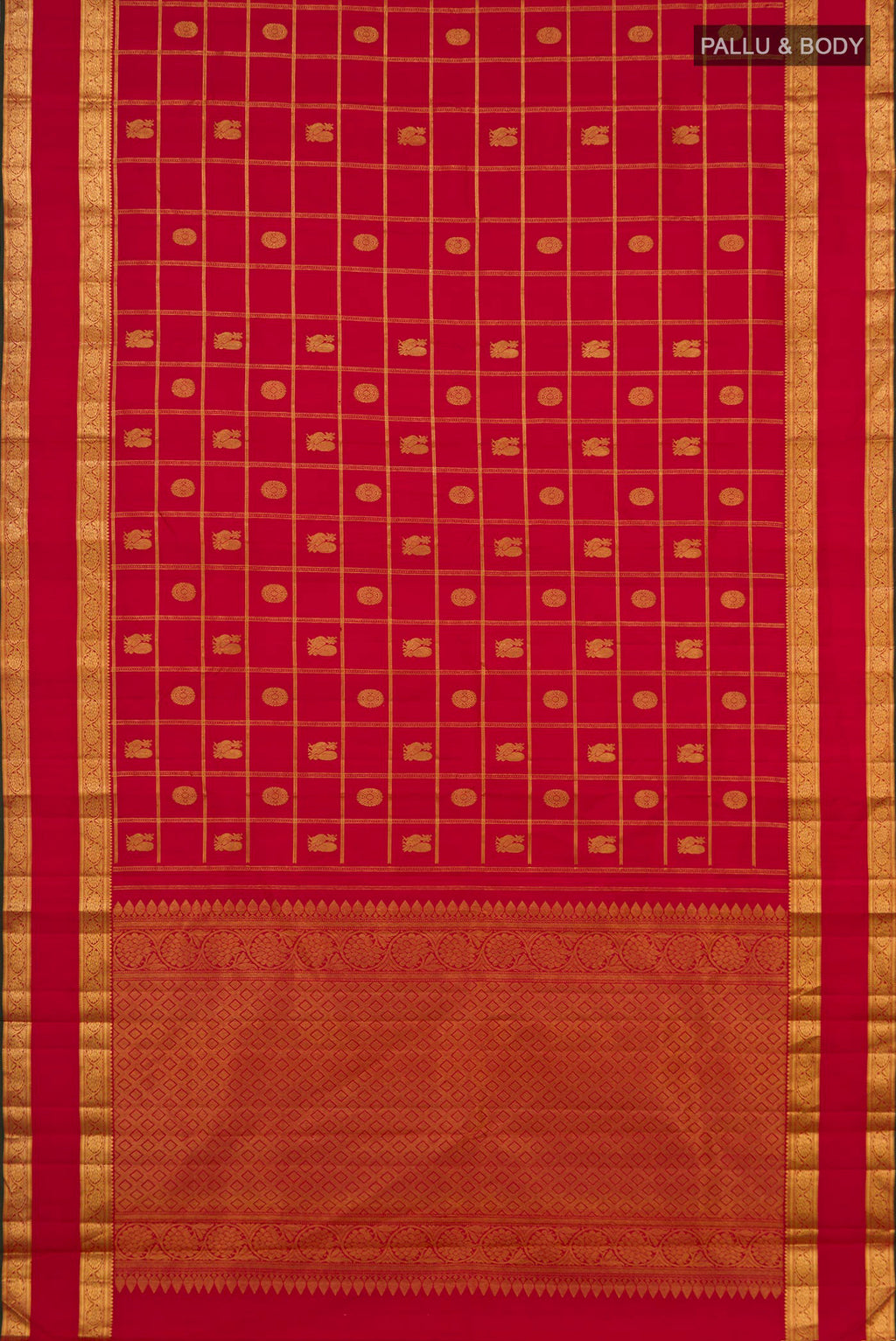 Flat view of Pure Silk Red Kanjivaram Saree with Checked design on the body and Zari Border. 