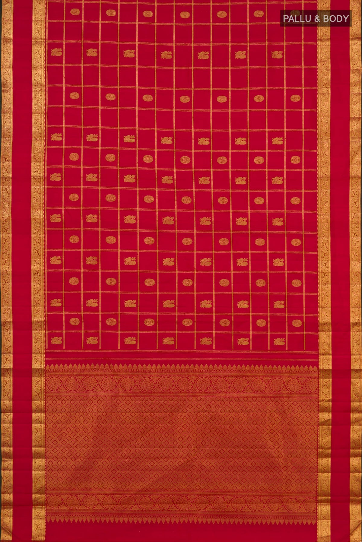Flat view of Pure Silk Red Kanjivaram Saree with Checked design on the body and Zari Border. 
