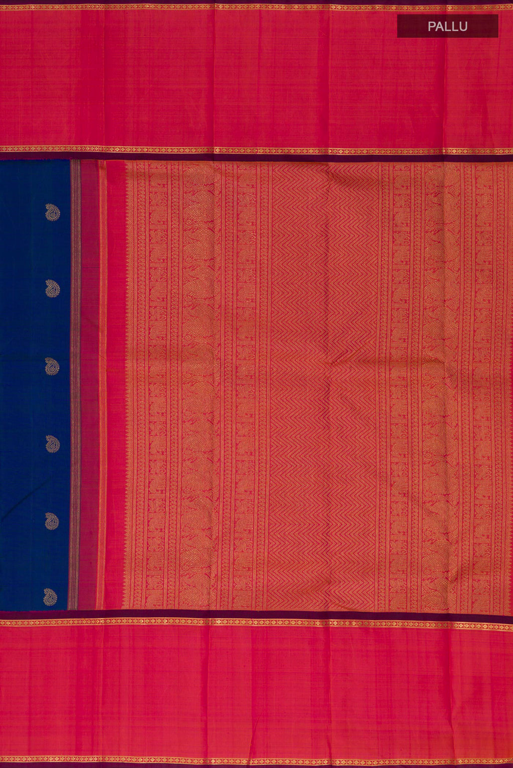 Close up image of the pallu of Pure Silk Pure Zari Peacock Blue Kanjivaram Saree with Zari Butta on the body and Thin Zari Line. 