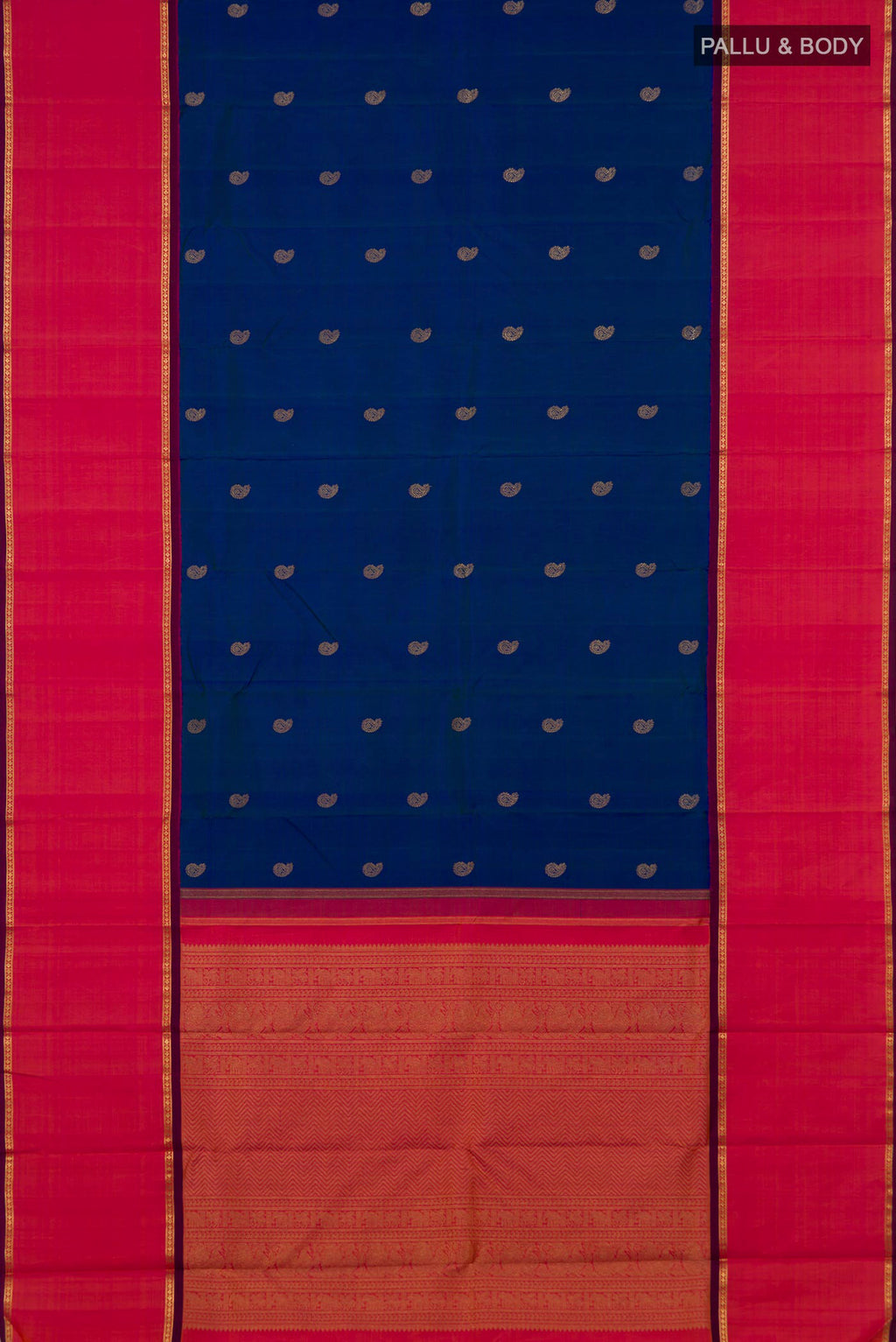 Flat view of Pure Silk Pure Zari Peacock Blue Kanjivaram Saree with Zari Butta on the body and Thin Zari Line. 