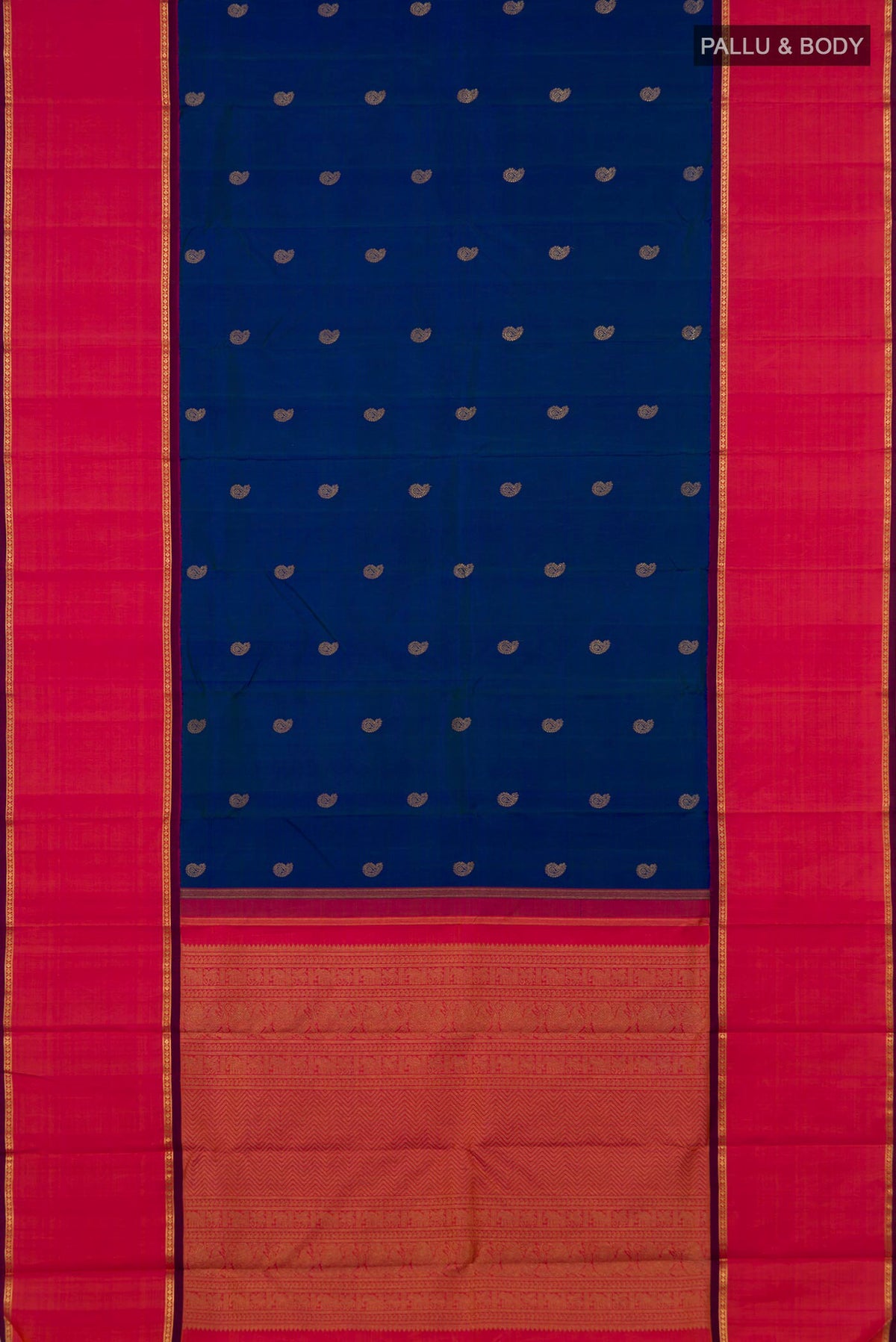 Flat view of Pure Silk Pure Zari Peacock Blue Kanjivaram Saree with Zari Butta on the body and Thin Zari Line. 