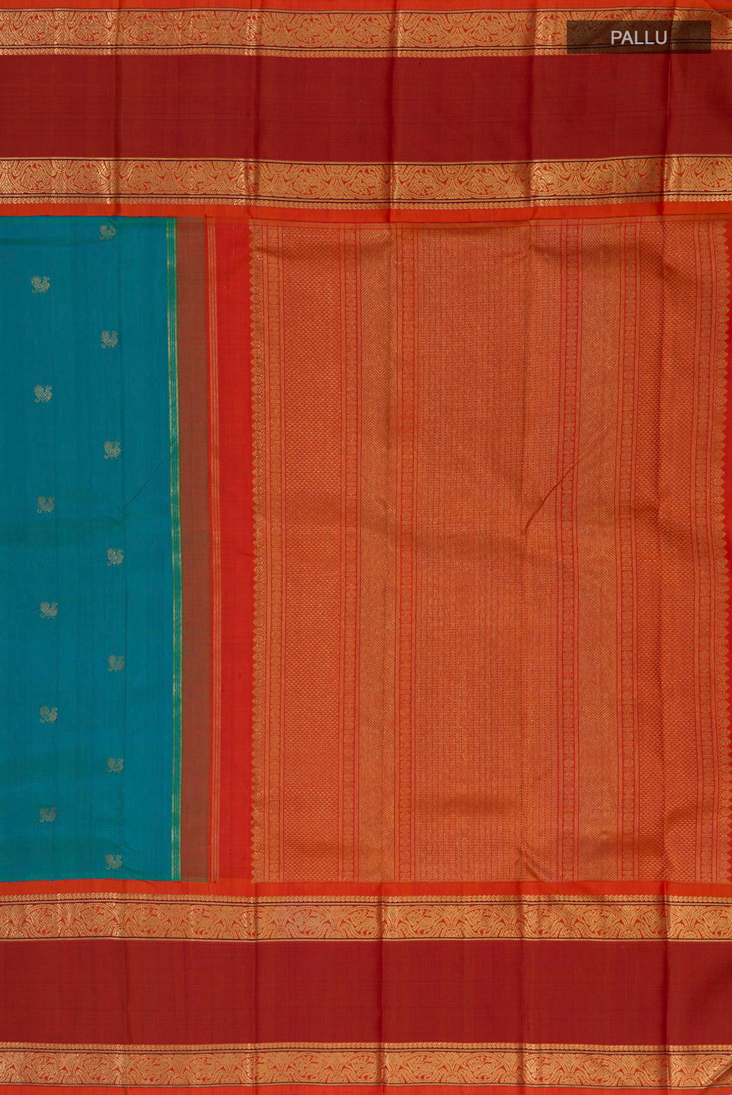 Close up image of the pallu of Pure Silk Pure Zari Blue Kanjivaram Saree with Zari Butta on the body and Zari Border. 