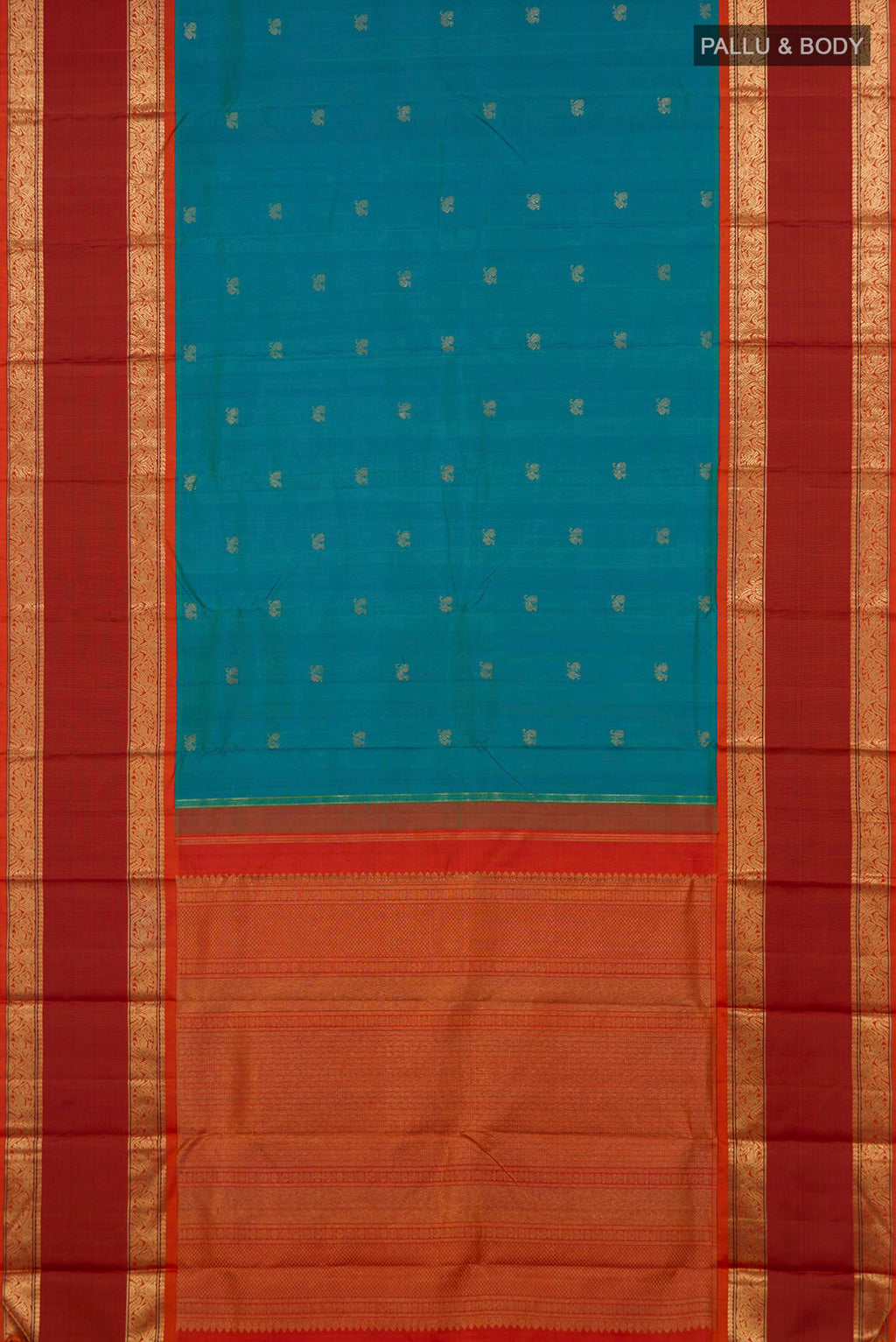Flat view of Pure Silk Pure Zari Blue Kanjivaram Saree with Zari Butta on the body and Zari Border. 