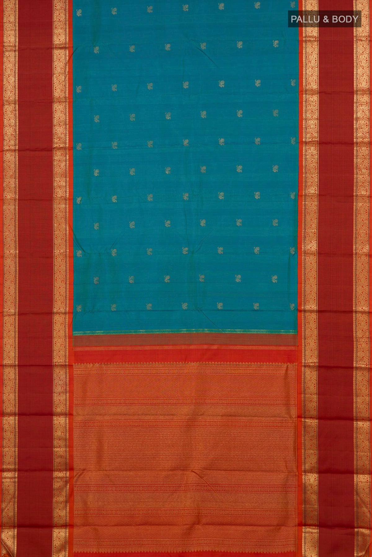 Flat view of Pure Silk Pure Zari Blue Kanjivaram Saree with Zari Butta on the body and Zari Border. 