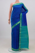 Pure Silk Pure Zari Royal Blue Kanjivaram Saree with Checked design on the body and Zari Border.  displayed on a mannequin