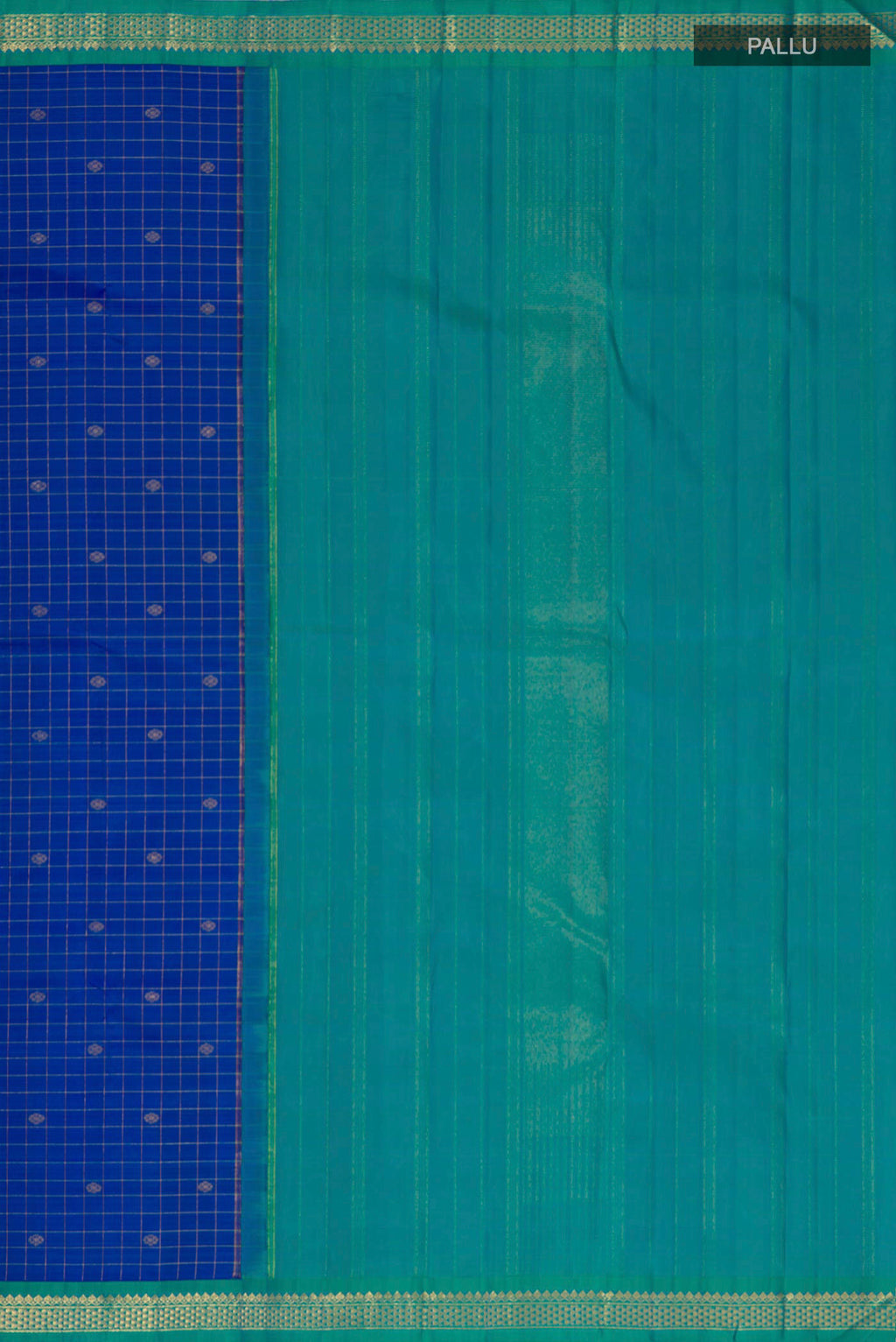 Close up image of the pallu of Pure Silk Pure Zari Royal Blue Kanjivaram Saree with Checked design on the body and Zari Border. 