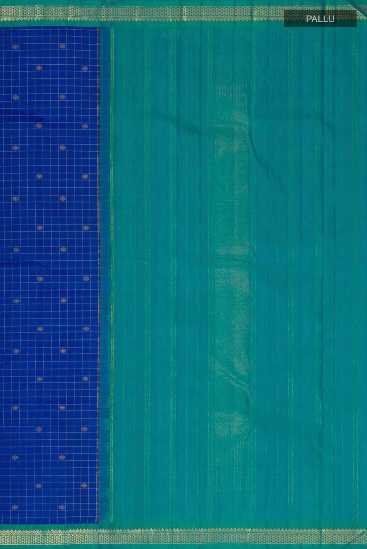 Close up image of the pallu of Pure Silk Pure Zari Royal Blue Kanjivaram Saree with Checked design on the body and Zari Border. 