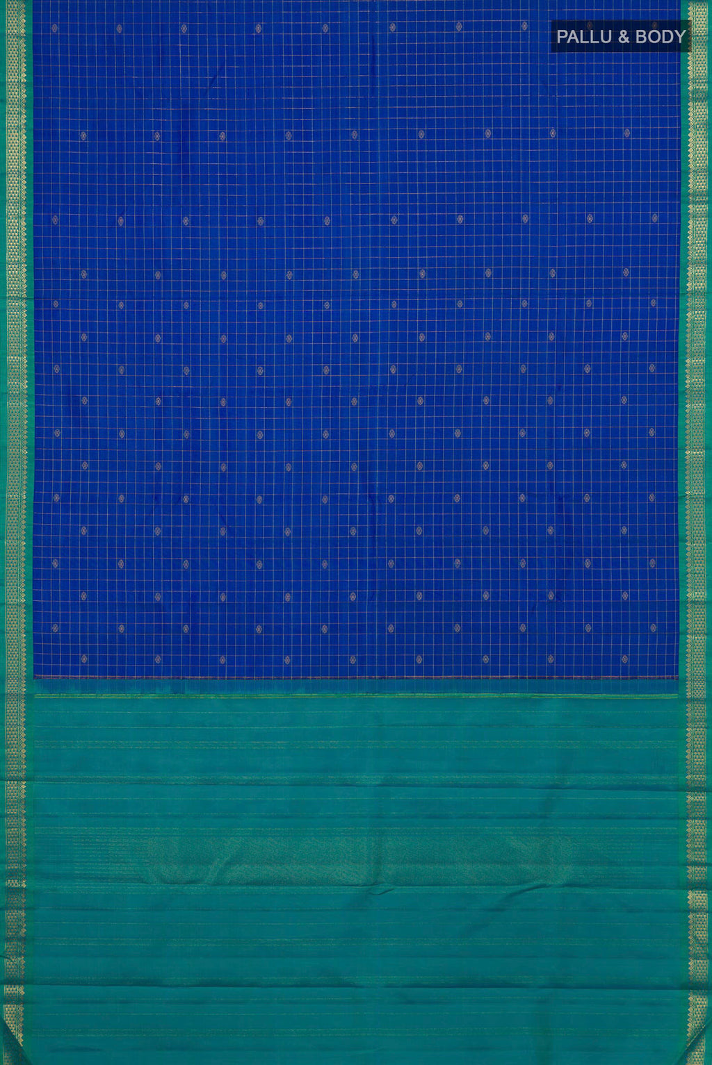 Flat view of Pure Silk Pure Zari Royal Blue Kanjivaram Saree with Checked design on the body and Zari Border. 