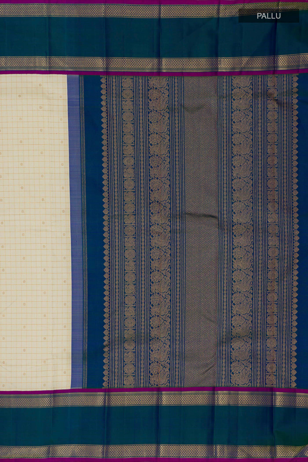Close up image of the pallu of Pure Silk Pure Zari Cream Kanjivaram Saree with Checked design on the body and Zari Border. 
