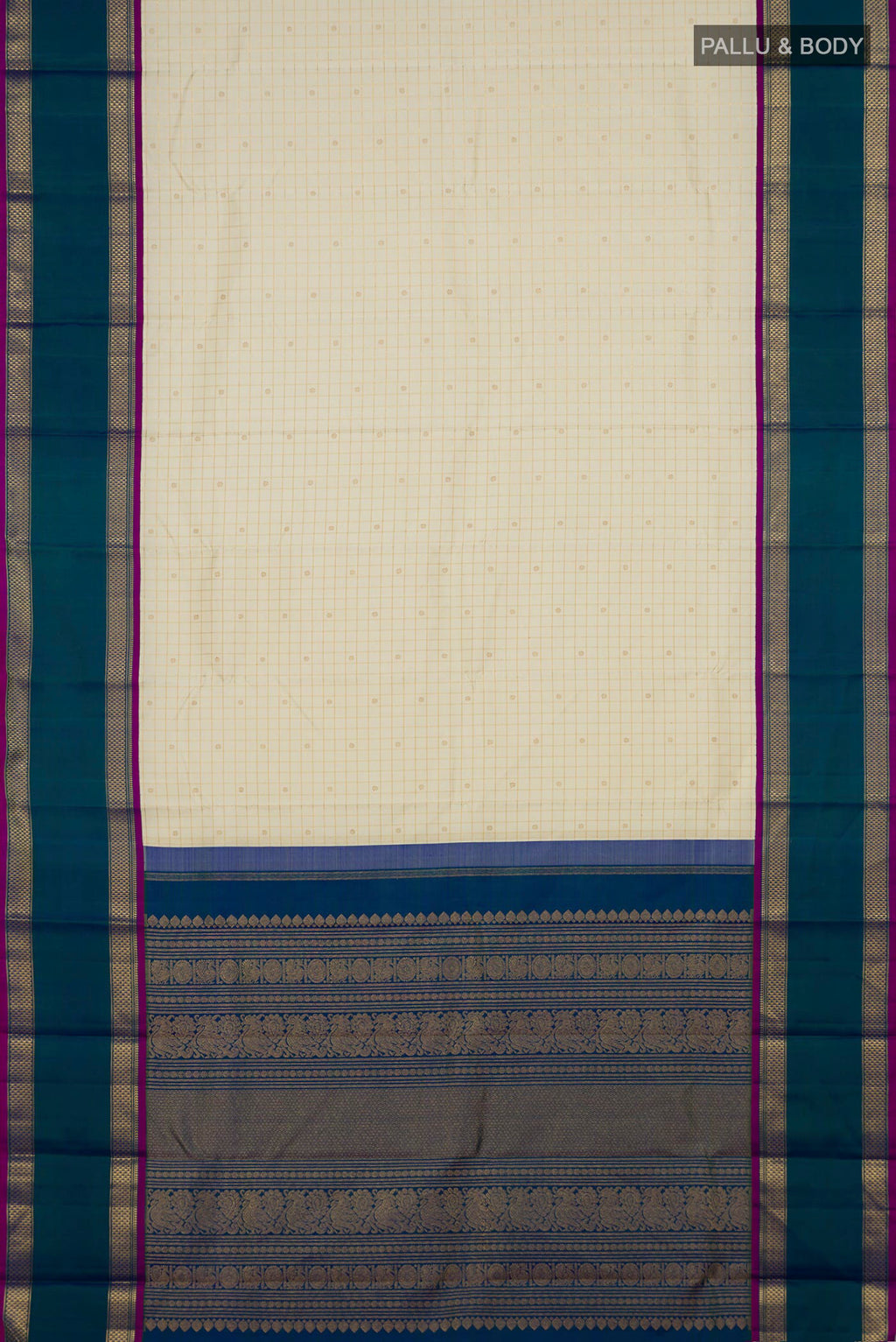 Flat view of Pure Silk Pure Zari Cream Kanjivaram Saree with Checked design on the body and Zari Border. 