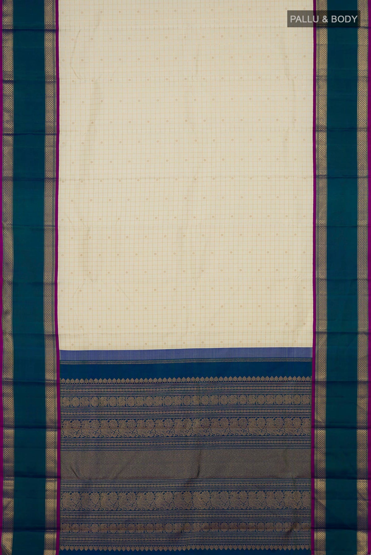 Flat view of Pure Silk Pure Zari Cream Kanjivaram Saree with Checked design on the body and Zari Border. 